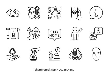 Medical icons set. Included icon as Sun protection, Stay home, Face recognition signs. Dirty mask, Myopia, Fever temperature symbols. Health app, Fever, Electronic thermometer. Covid test. Vector