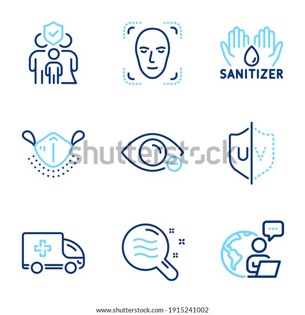 Medical icons set. Included icon as Myopia,\
Medical mask, Skin condition signs. Hand sanitizer, Family\
insurance, Ambulance emergency symbols. Face detection, Uv\
protection line icons.\
Vector