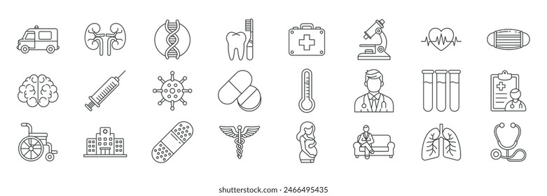 Conjunto de iconos médicos, Iconos incluidos como estetoscopio, jeringuilla, doctor, ambulancia y más símbolos colección, logotipo aislado Ilustración vectorial