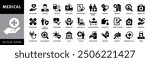 Medical icons set. Including doctor, nurse, medicine, hospital, treatment, check up, healthcare, clinic, emergency room and more. Black and White vector icons collection
