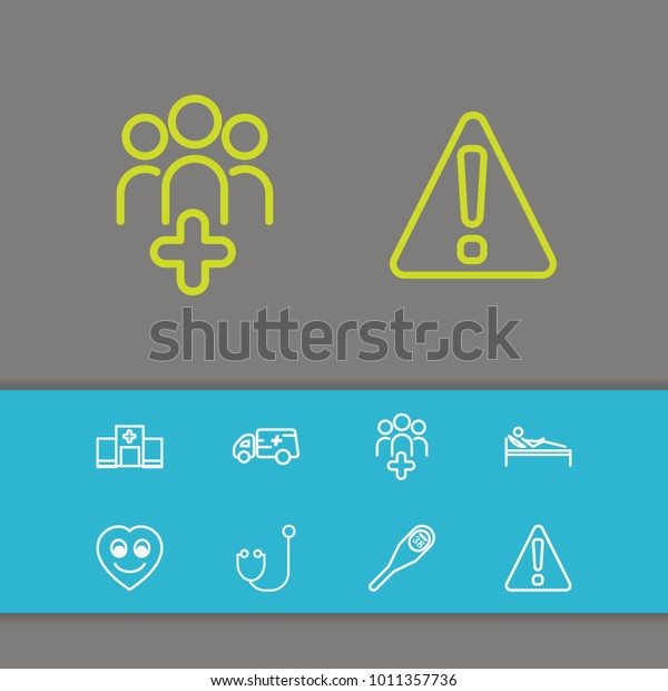 Medical icons set\
with injury patient, ambulance and medical center elements. Set of\
medical icons and first aid car concept. Editable vector elements\
for logo app UI\
design.