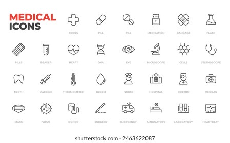 Medical icons set, line art minimal design: pills and bandage, nurse and doctor, heart and DNA, hospital and surgery, heart and eye, tooth and pills