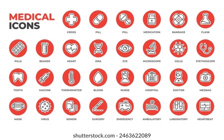 Medical icons set, line art minimal design: pills and bandage, nurse and doctor, heart and DNA, hospital and surgery, heart and eye, tooth and pills