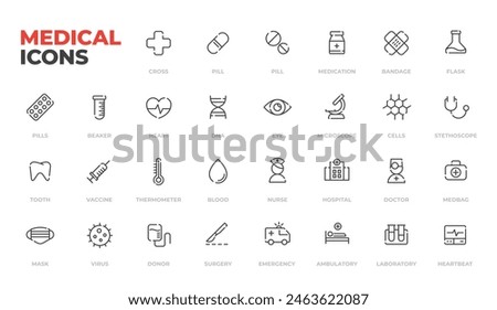 Medical icons set, line art minimal design: pills and bandage, nurse and doctor, heart and DNA, hospital and surgery, heart and eye, tooth and pills