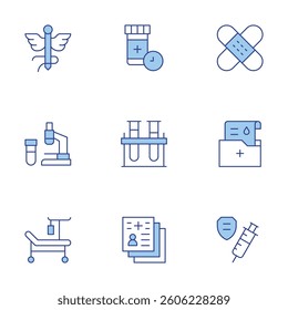 Medical icons set. Line Duotone style, editable stroke. medical report, analysis, medicine, folder, safety, laboratory, patch, hospital bed, pharmacy.