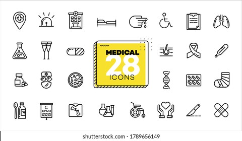 Medical icons set. Line, flat, vector icons for mobile applications, buttons and website design. Illustration isolated on white background. Collection modern logo, app, infographic with EPS 10 format.