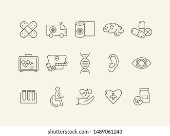 Medical icons. Set of line icons. Human ear, human brain, human eye. Healing concept. Vector illustration can be used for topics like medicine, healthcare, physiology