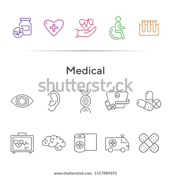 Medical icons. Set of\
line icons. Human ear, human brain, human eye. Healing concept.\
Vector illustration can be used for topics like medicine,\
healthcare, physiology