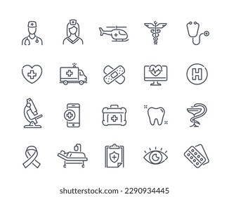 Medical icons set. Linear elements for applications, social media image of ambulance, hospital, science. Dentistry, healthcare concept. Line art flat vector collection isolated on white background