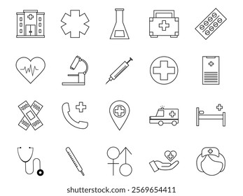 Medical icons set. Linear elements for applications, social media image of ambulance, hospital, science. Dentistry, healthcare concept. Line art flat vector collection isolated on white background