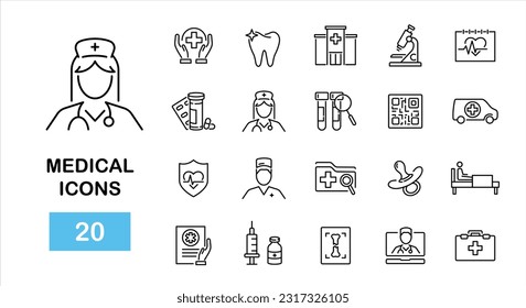 Iconos médicos establecidos. Iconos de medicina y atención médica como enfermero, microscopio, seguro, código qr para aplicaciones móviles y web. Ilustración del vector