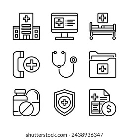 Conjunto de iconos médicos. Estilo de esquema. Vector. Aislar sobre fondo blanco.