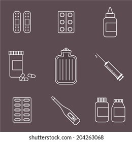 Medical icons set: pharmacy and medicine chest. Healthcare infographic elements. Vector line icons.