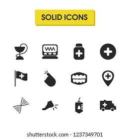 Medical icons set with pill bottle, monitor and aid car elements. Set of medical icons and transfusion concept. Editable vector elements for logo app UI design.