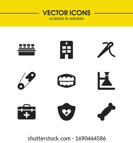 Medical icons set with pin, chemical research and heart protection elements. Set of medical icons and mouth concept. Editable vector elements for logo app UI design.