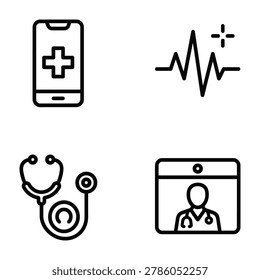 Medical icons set: smartphone with cross heartbeat stethoscope doctor on screen smartphone heartbeat electrocardiogr