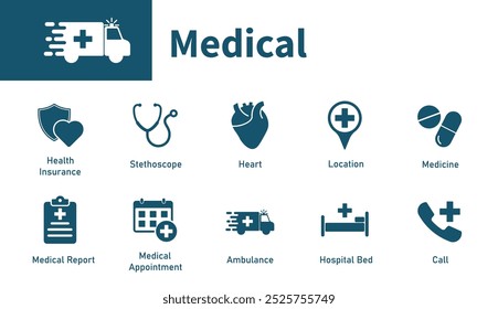 Ícones médicos. Conjunto de símbolos vetoriais sólidos sobre o tema de saúde, hospital, estetoscópio, ambulância, medicina.