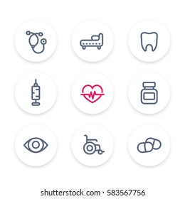 medical icons set, stethoscope, medicine, syringe, vaccination, health care, hospital, ophthalmology, pills, drugs line pictograms