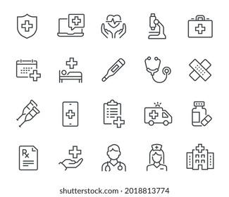 Medical Icons Set. Such as Doctor, Nurse, Ambulance, Pills, Hospital, Prescription, Thermometer, and others. Editable vector stroke.