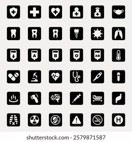 Medical icons set with symbols like health, medicine, and healthcare. Includes icons for health, medicine, and healthcare in black and white. User interface icon vector set.