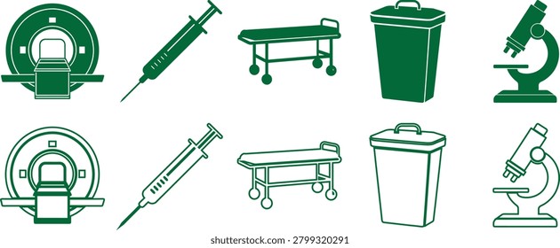 Medical icons set with syringe, microscope and hospital bed