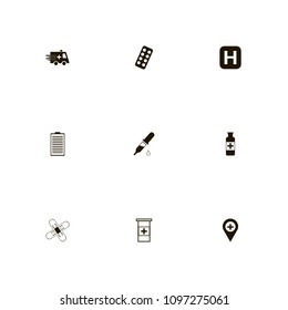 Medical icons set. tablets, blister, mixture and list