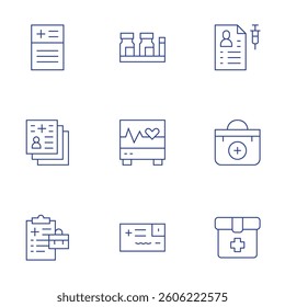 Medical icons set. Thin Line style, editable stroke. pills, health, record, prescription report, history, cooler.