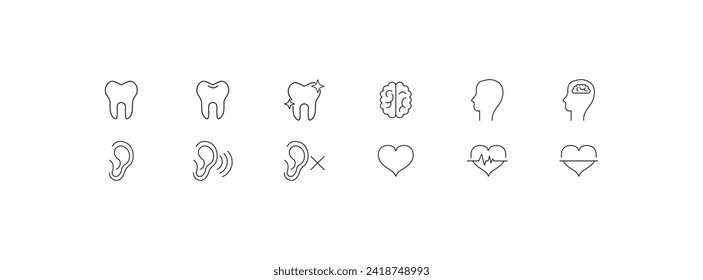 Medical icons set. Tooth, ear, head, heart icons. Linear style