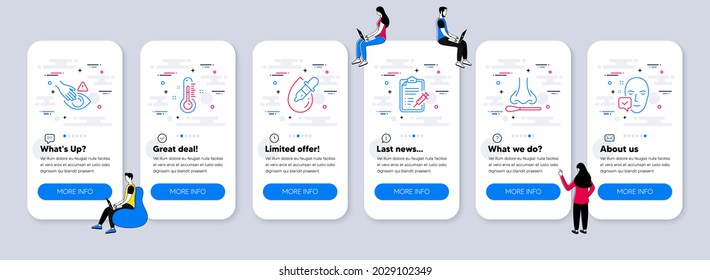 Medical Icons Set. UI Phone App Screens With Teamwork. Included Icon As Vaccine Report, Thermometer, Dont Touch Signs. Nasal Test, Eye Drops, Face Accepted Line Icons. Vector