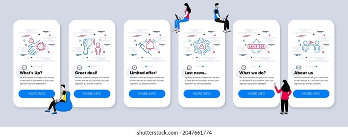 Medical icons set. UI phone app screens with teamwork. Included icon as Coronavirus, Hand sanitizer, Wash hand signs. Vaccine announcement, Electronic thermometer, Social distancing line icons. Vector