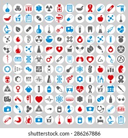 Medical icons set, vector set of 144 medical and medicine signs.