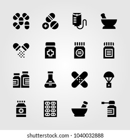 Medical icons set. Vector illustration aid, drop counter, pills and spray