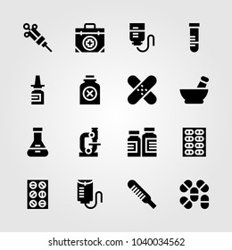 Medical icons set. Vector illustration pills, tablets, syringe and bottle
