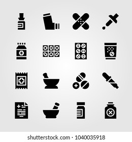 Medical icons set. Vector illustration pills, inhaler, bottle and mortar