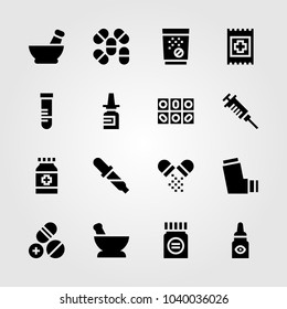 Medical icons set. Vector illustration tube, test tube, pills and aid