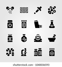 Medical icons set. Vector illustration flask, inhaler, first aid kit and mortar
