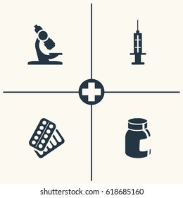 Medical icons set. Vector microscope syringe and pills icons