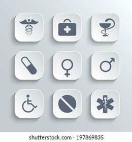 Medical icons set - vector white app buttons with first aid kit caduceus pills man woman gender and disabled symbols