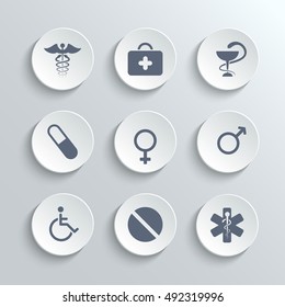 Medical icons set - vector white round buttons with first aid kit caduceus pills man woman gender and disabled symbols