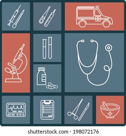 Medical icons set, white lines healthcare elements