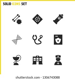 Medical icons set with woman paramedic, ear wand with sticks, bypass sheet elements. Set of medical icons and plaster concept. Editable vector elements for logo app UI design.