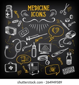 Medical Icons, Sketch Design. Healthcare Drawing Chalkboard.