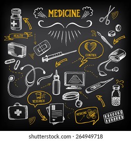 Medical Icons, Sketch Design. Healthcare Drawing Chalkboard.