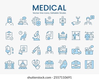 Medical icons, such as stethoscope, x-ray, oxygen mask and more. Vector illustration. Editable stroke. Change to any size and any color.