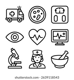 Medical icons symbolize healthcare essentials. Icon symbol illustration