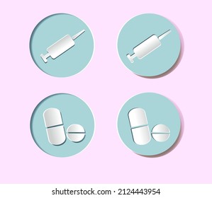 Icônes médicales avec seringue et tablettes. Boutons en relief ronds. Signes blancs sur fond bleu rond. Les boutons sont convexes et concaves. Collection d'icônes 3D réalistes.  Coupe de papier. 