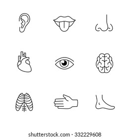 Medical icons thin line art set. Human organs, senses, and body parts. Black vector symbols isolated on white.