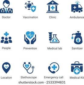 Medizinische Symbole: verschiedene Gesundheitsdienstleistungen, einschließlich Arzt, Impfung, Klinik, Krankenwagen, Stethoskop und medizinisches Kit