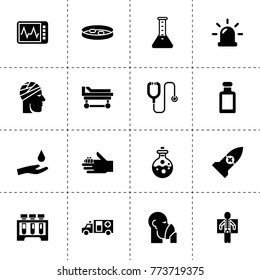 Medical icons. vector collection filled medical icons. includes symbols such as siren, drop in hand, medicine, test tube, stethoscope. use for web, mobile and ui design.