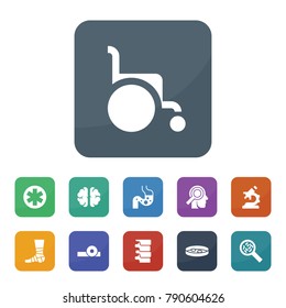 Medical icons. vector collection filled medical icons such as wheelchair, brain, microscope, pill, spine, microorganisms, intestine